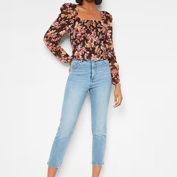 NWT Express Floral Square Neck Smocked Body Top Size XS Fall Season - Picture 3 of 8